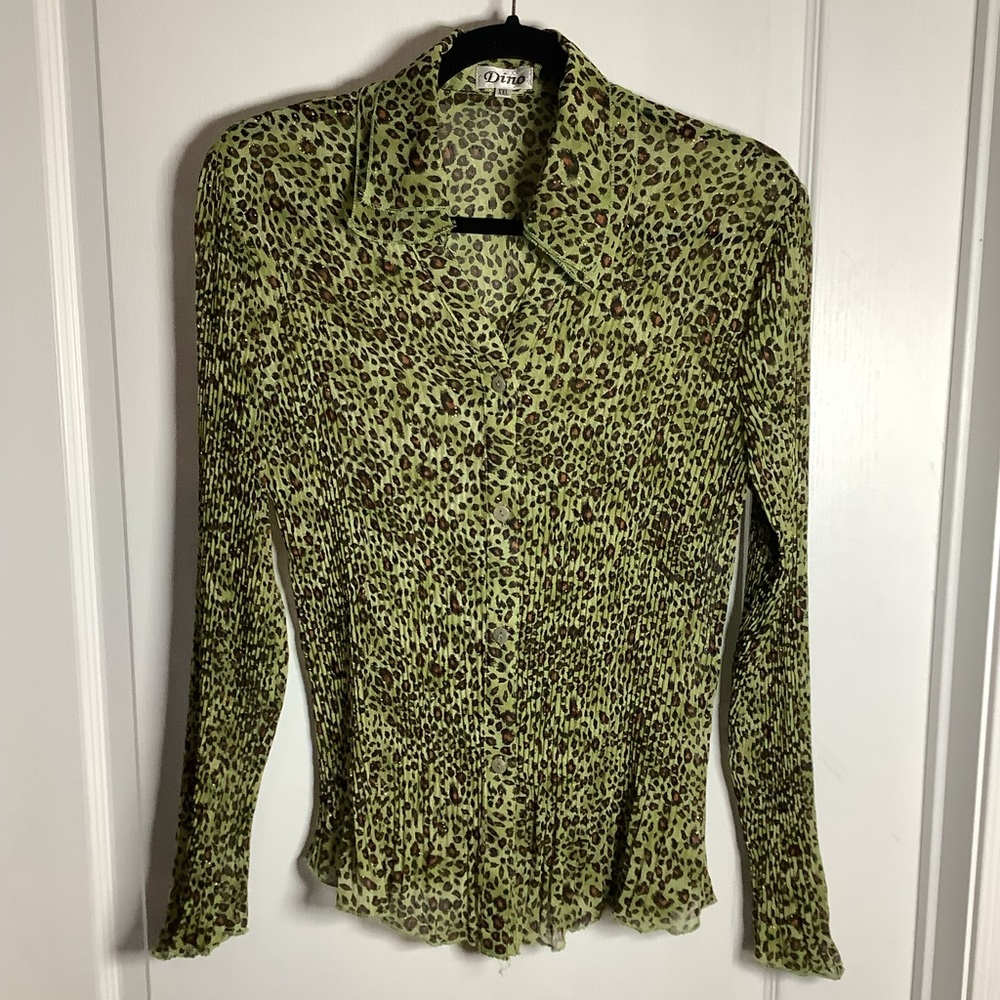 Y2K Green Leopard Print Sheer Crinkle Fabric Top